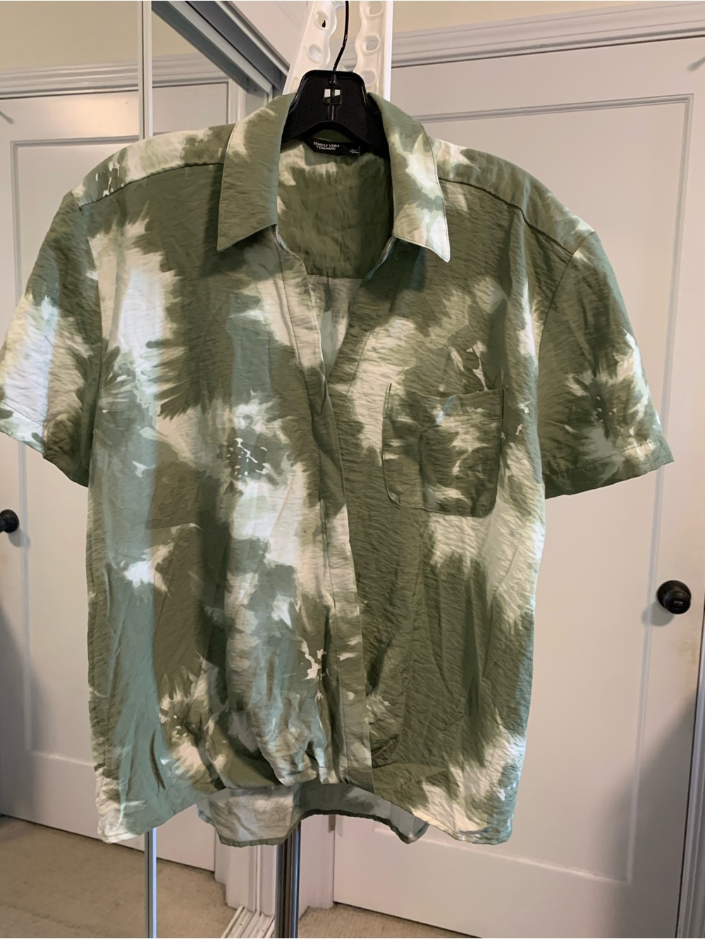 Simply Vera Vera Wang Olive Green and White Tie-Dye Short Sleeve Shirt Large
